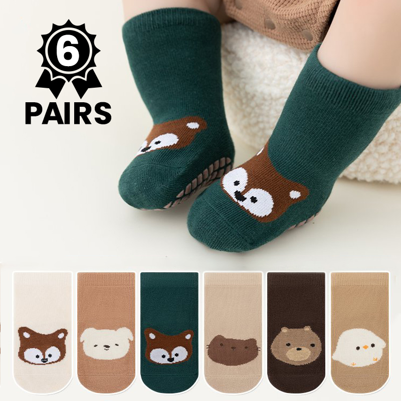 Unisex Baby Socks Non Slip - 6 쌍 귀여운 만화 동물 아기
