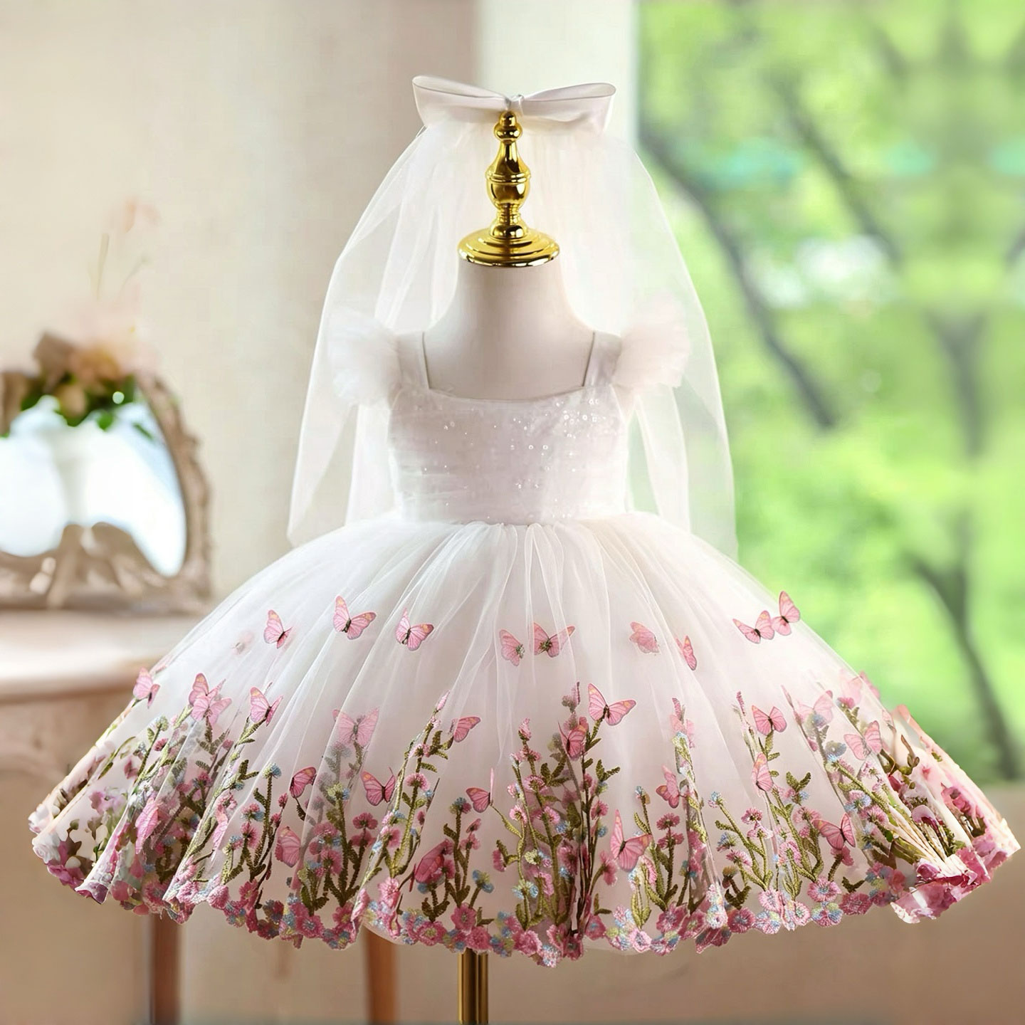 Toddler Girl Tulle Party Dress - Jill Wish D277 흰색 나비 자수