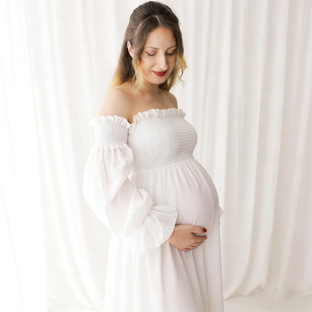 Maternity Wear - 임산부 드레스 사진 촬영용 흰색 오프숄더