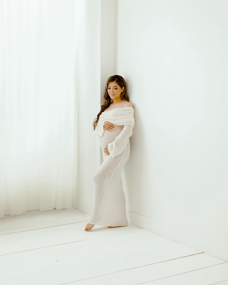임신 사진 촬영 드레스 긴 소매 니트 오프 숄더 맥시  - Maternity Wear 리뷰 및 가격