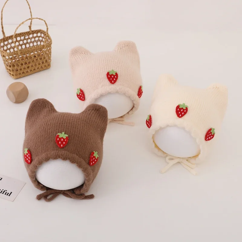 새로운 가을 겨울 아기 ​​소녀 모자 귀여운 딸기 귀  - Infant Beanie Hat With Ears 리뷰 및 가격